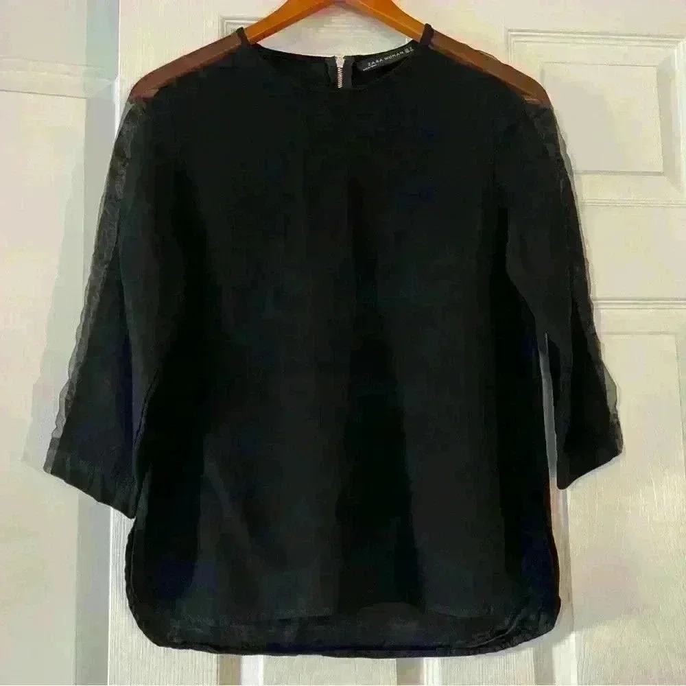 Zara Woman 3/4 Sleeve Blouse Sheer Accents In Sleeves